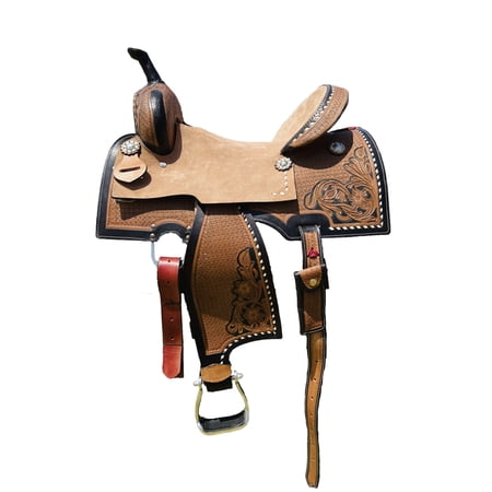 Resistance Western Adult Barrel Saddle, Floral Tooled Leather Saddle 14" 15" 16" with Silver Conchos Active