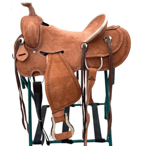 Resistance Youth & Kids Western Ranch Saddle – Leather, Rough Out Border Tooled Double Skirt, 10" 12" 13