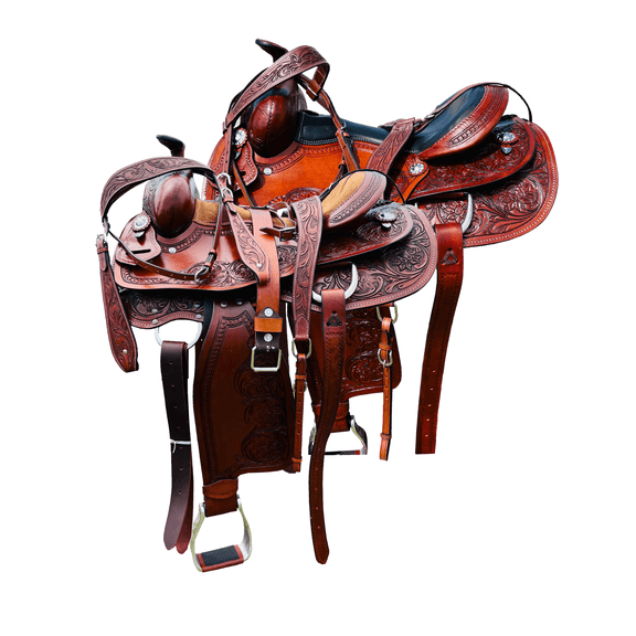 Resistance Western Horse Pleasure Adult Saddle with Floral Tooled - Genuine Leather 15" 16" 17" 18" & 20" With Free Tack Set