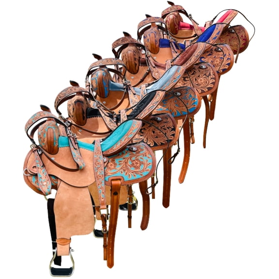 Resistance Genuine Leather Youth Western Barrel Saddle with Floral Tooling and Silver Conchos - Sizes 10”, 12”, 13” With Free Tackset