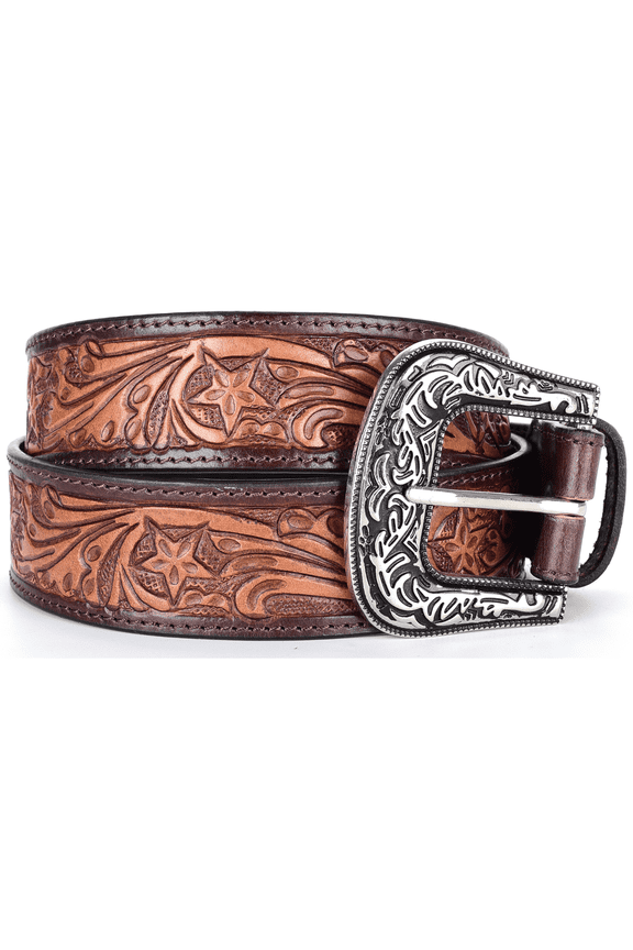 Women's Full-Grain Leather Western Belt with Floral Engraved Buckle Plus Sizes