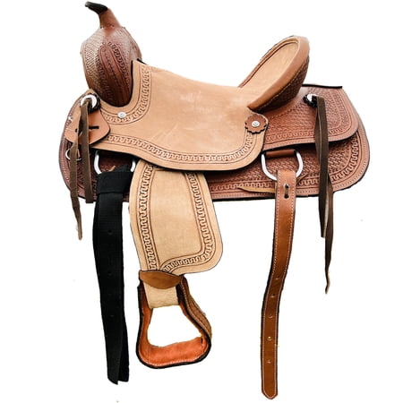 Resistance Youth Hard Grip Seat Roping Style Saddle with Basket Weave Tooled Leather Skirt and Roughout Seat and Fenders - 10, 12, 13 Inch