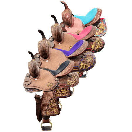 Resistance Youth Western Barrel Saddle – Leather, Floral & Basketweave Tooled, Lightweight Horse Saddle for Kids