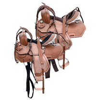 Resistance Youth Western Barrel Horse Saddle, 10", 12", 13", Basket Weave Leather with Rawhide Cantle, with Free Tack Set