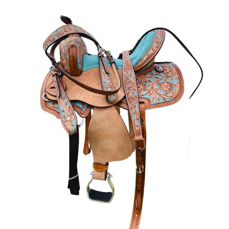Resistance Youth Western Horse Barrel Saddle For Horse Riding | Floral Tooled With Silver Conchos | Genuine Leather 10" 12" 13" With Free Tackset
