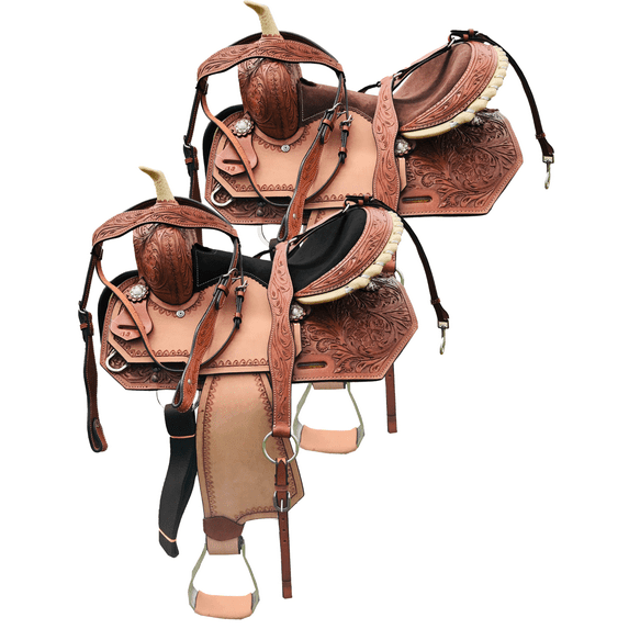 Resistance Youth Western Barrel Horse Saddle, 10", 12", 13", Floral Tooled Leather, with Free Tack Set