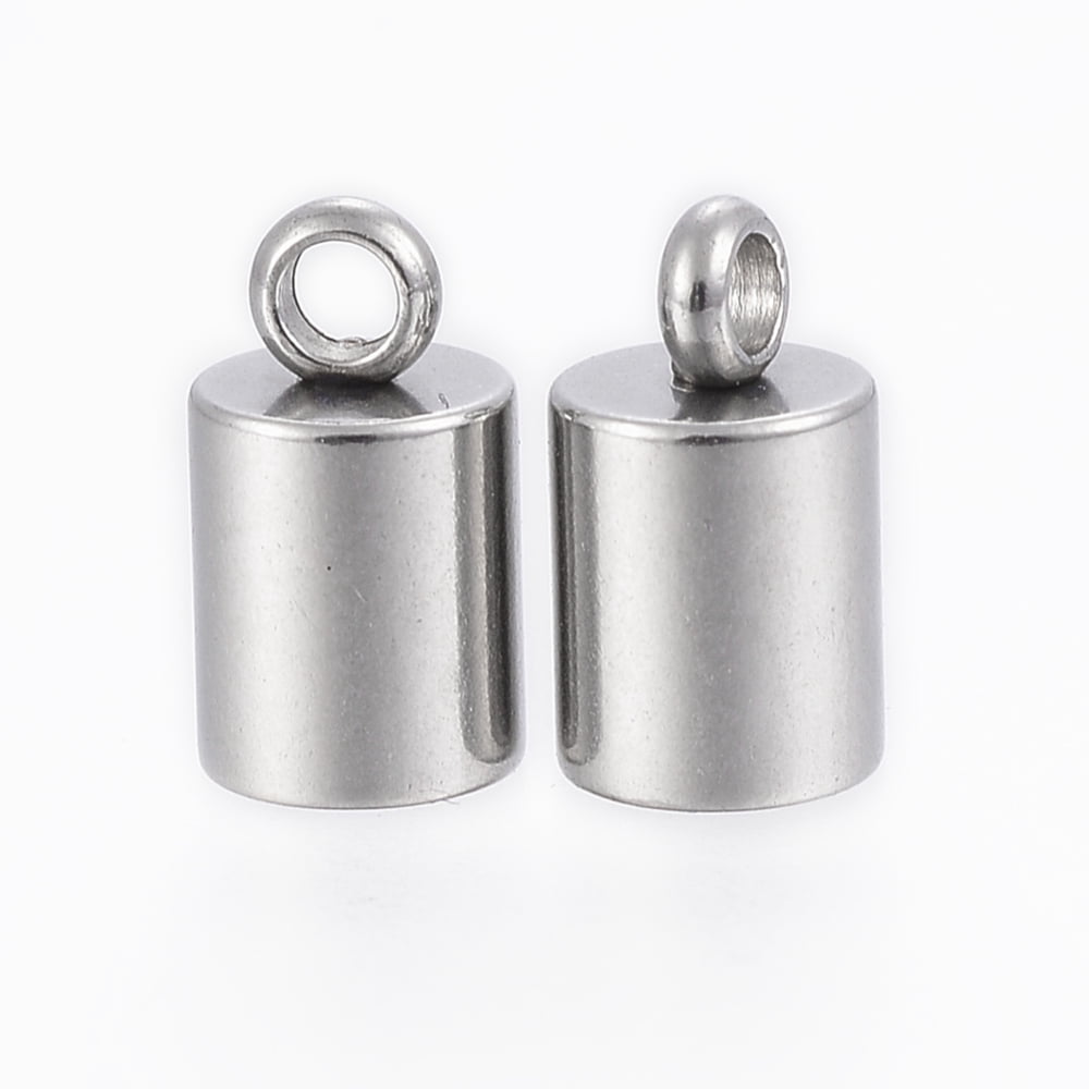 Resistant 201 Stainless Steel Cord Ends End Caps Column Stainless Steel color 9x5mm Hole: 2mm Inner Diameter: 4mm