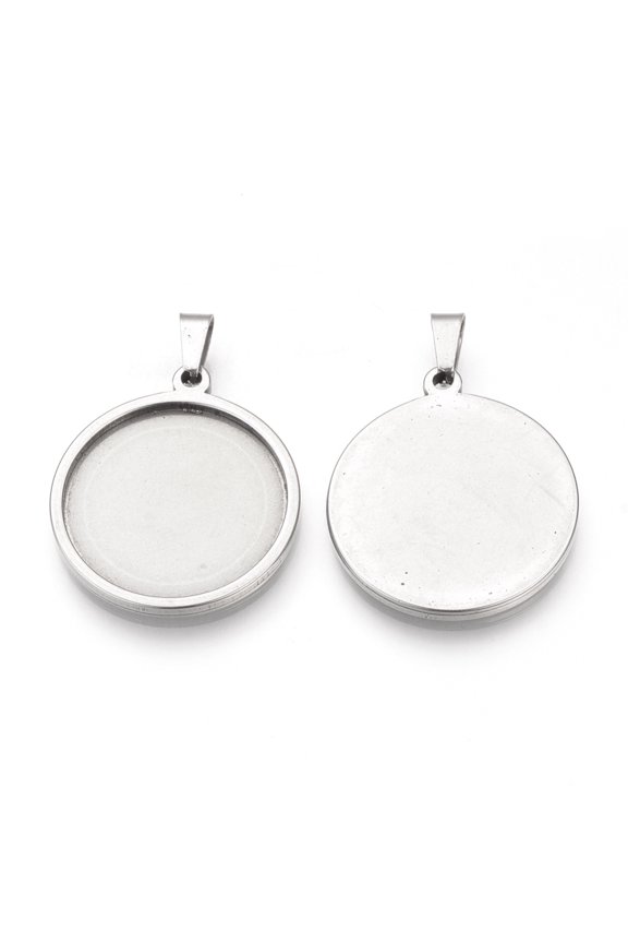 Resistant 201 Stainless Steel Pendant Cabochon Settings Flat Round Stainless Steel Color Tray: 30mm 36x33x2.5mm Hole: 8x4mm