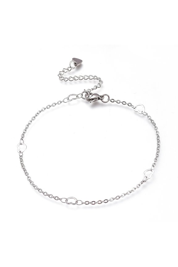 Resistant 304 Stainless Steel Cable Chain Anklets with Heart Links and Lobster Claw Clasps Stainless Steel Color 9-1/4 inch(23.5cm) for diy