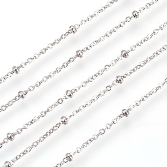 Resistant 304 Stainless Steel Cable Chains Satellite Chains with Rondelle Beads Soldered Flat Oval Stainless Steel color Link: 1.5x1mm Bead: 2x1mm