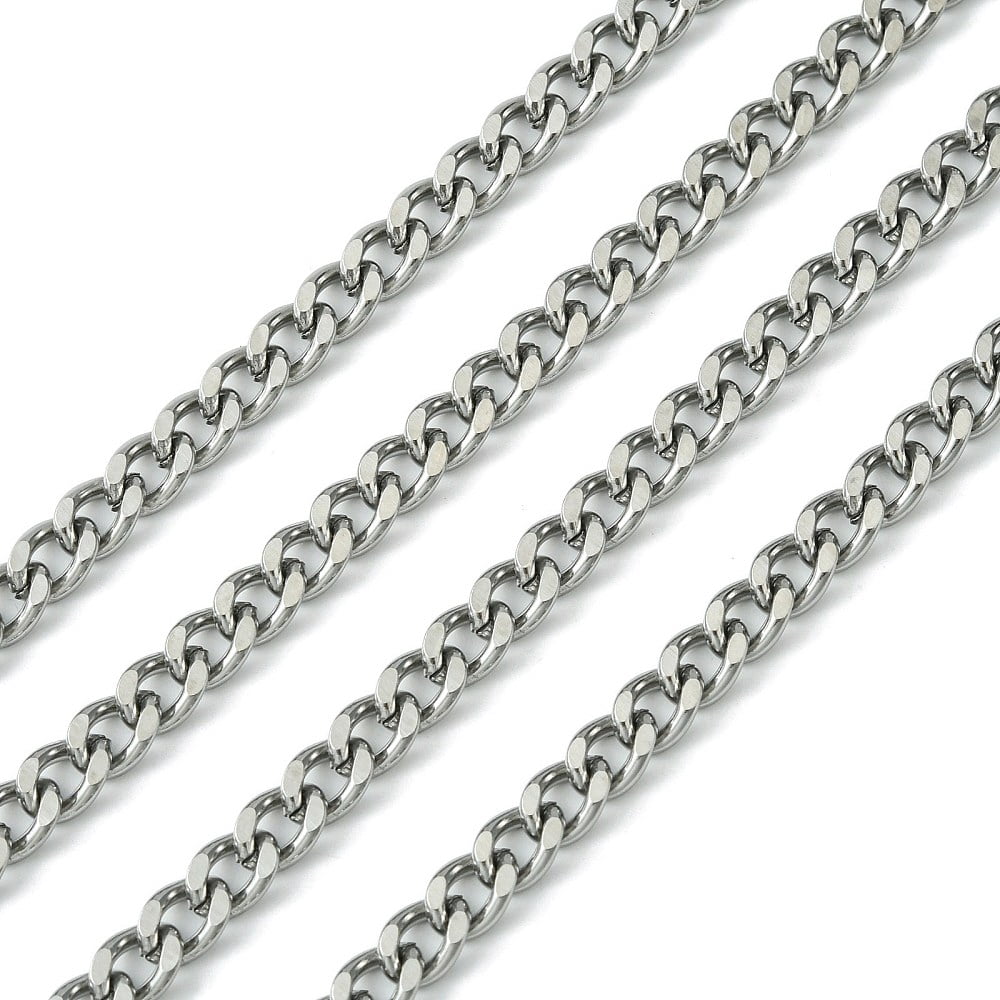 Resistant 304 Stainless Steel Cuban Link Chains Chunky Chains Curb Chains with Spool Faceted Unwelded Stainless Steel color 7x5x1.4mm about 32.8 Feet(10m)/roll