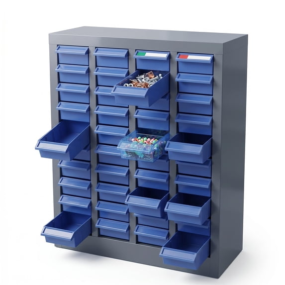 Resistant Blue ABS Plastic Drawer Bolt Bin, Full Label Set Small Parts Storage Cabinet, 40 Draw Parts Organizer Cabinet with Anti Spill Rear Tabs for Industrial Household Garage Workbenches