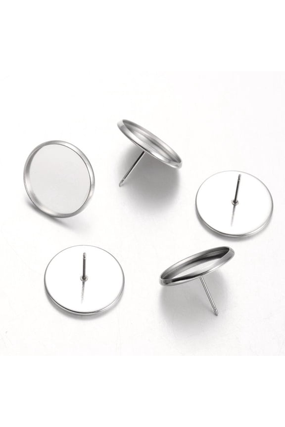 Resistant Flat Round Stainless Steel Stud Earring Settings Stainless Steel color Tray: 16mm 18mm Pin: 0.7mm