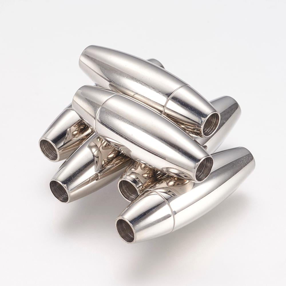 Resistant Smooth 304 Stainless Steel Magnetic Clasps with Glue-in Ends Oval Shape Stainless Steel color 28x9mm Hole: 4mm