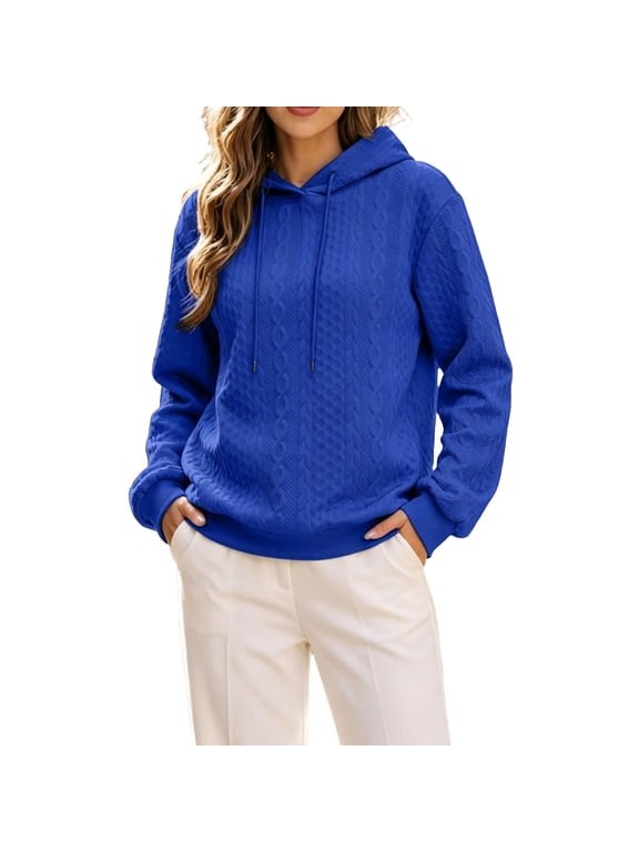 Cable Knit Womens Hooded Sweater Solid Color Drawstring Long Sleeve Oversized Pullover Casual Textured Hoodie Blue L