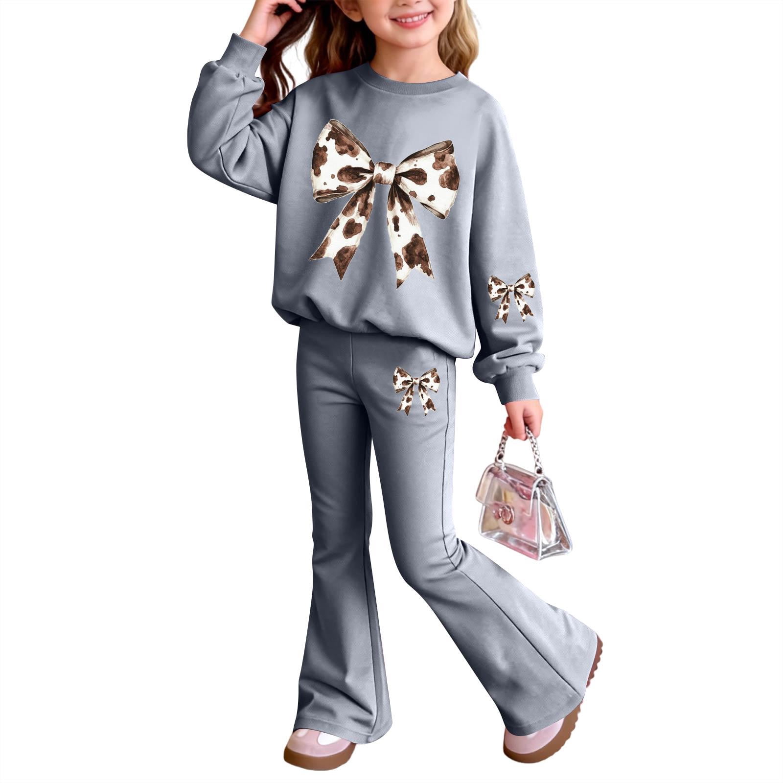 Resivox Girls Cow Print Bow Long Sleeve Crew Neck Sweatshirt And Flare ...