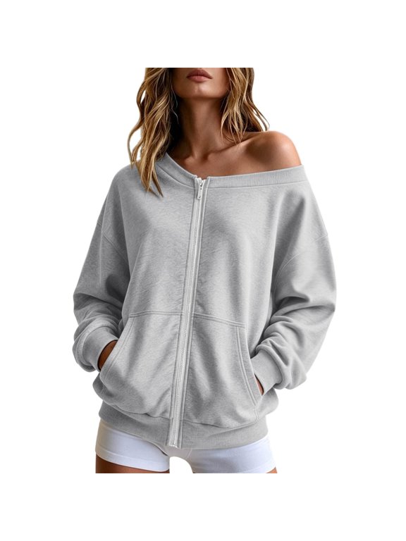 Off Shoulder Zip Up Hoodie for Women Solid Color Long Sleeve Casual Loose Jacket With Pockets Fashion Slash Neck Sweatshirt Coat Gray S