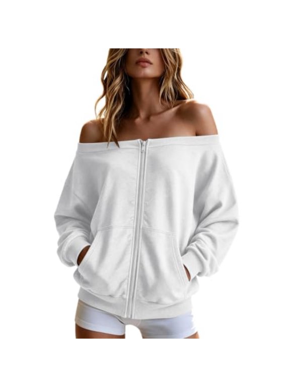 Off Shoulder Zip Up Hoodie for Women Solid Color Long Sleeve Casual Loose Jacket With Pockets Fashion Slash Neck Sweatshirt Coat White S