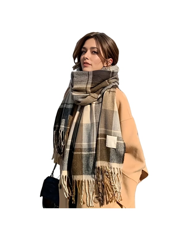 Plaid Faux Wool Winter Scarf 50×200cm Thick Warm Tassel Large Shawl Wrap Retro Check Neck Scarf For Cold Season