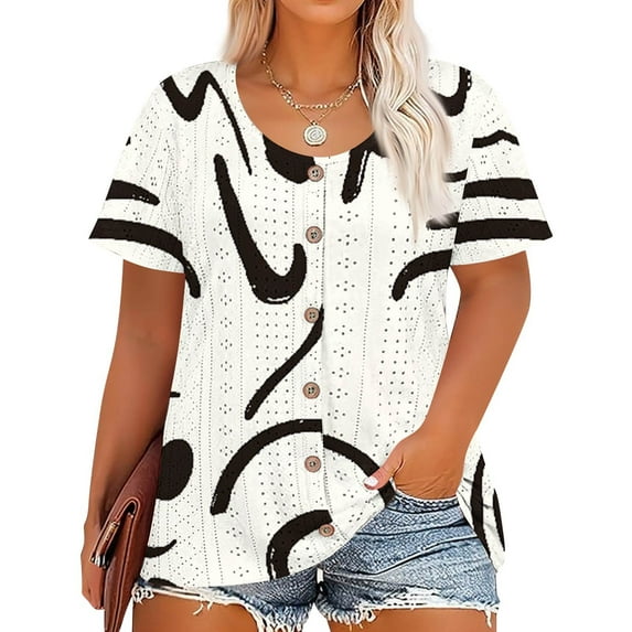 Resivox Plus Size T Shirts for Women Dressy Casual Trendy Tunic Short Sleeve Button up V-Neck Floral Print Blouses 4x-5x Tunics Blouses Khaki 2XL