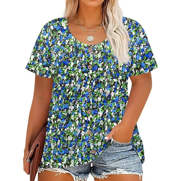 Resivox Plus Size T Shirts for Women Loose Henley Tops Short Sleeve Button up Crew Neck Floral Henley T-Shirt Summer Tunics Blouses Navy 3XL