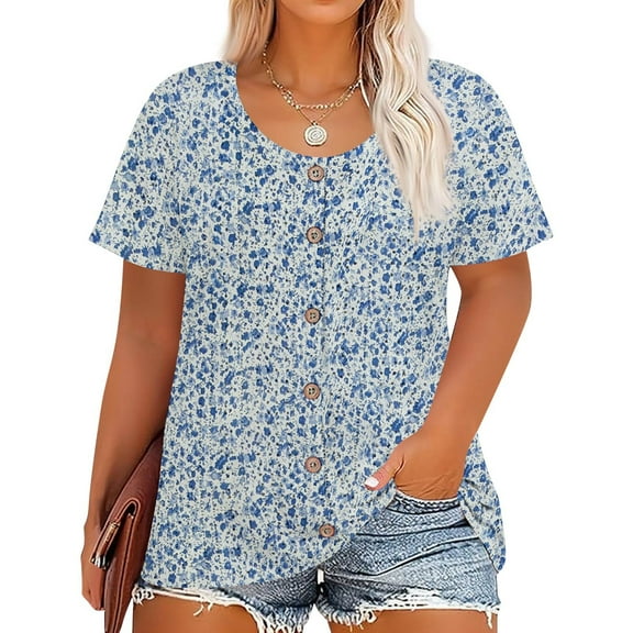 Resivox Plus Size Tops for Women Casual Loose Fit Henley Shirts Crew Neck Short Sleeve Button up Floral Henley T-Shirt Summer Tunics Blouses Light Blue XL