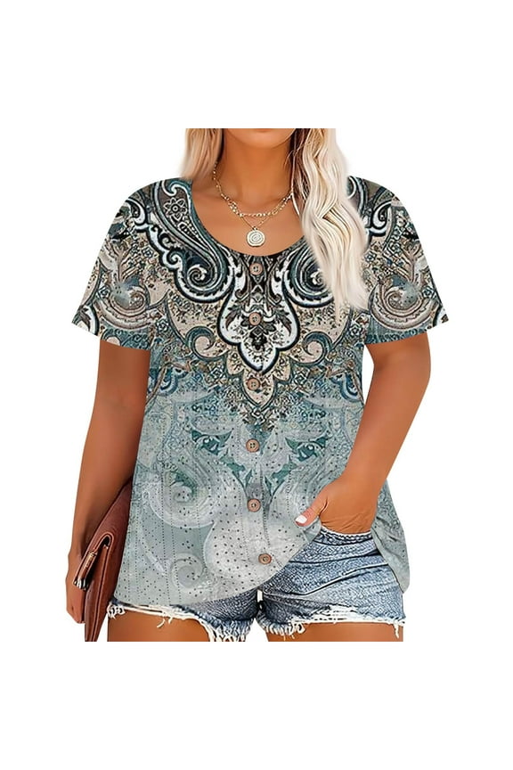 Plus Size Tops for Women Dressy Summer Short Sleeve Button up Shirts Floral Print Crew Neck Henley T Shirts Dressy Casual Trendy Tunics Royal Blue 4XL