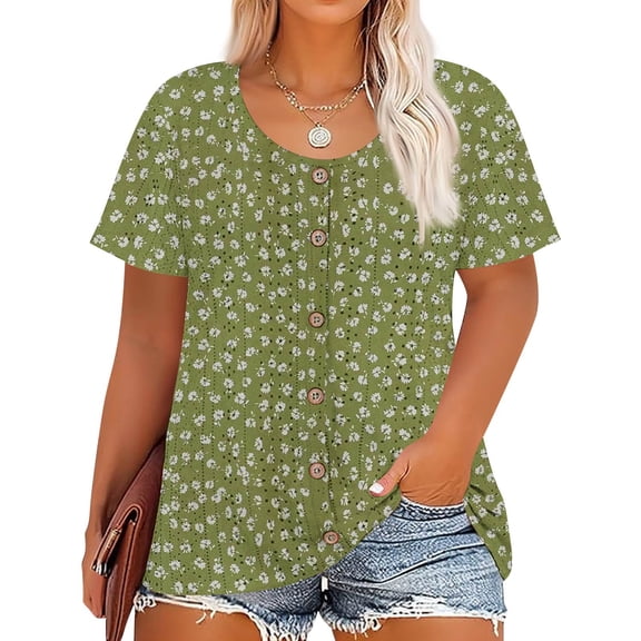 Resivox Plus Size Tops for Women Loose Fit Summer Henley T Shirts Crew Neck Short Sleeve Button up Floral Print Blouses 4x-5x Casual Tunics Blouses Army Green XL