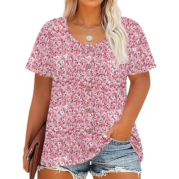 Resivox Plus Size Tops for Women Dressy Summer Short Sleeve Button up Blouses Floral Print T-Shirt Crew Neck Shirts Loose Casual Tunic Tops Pink 3XL