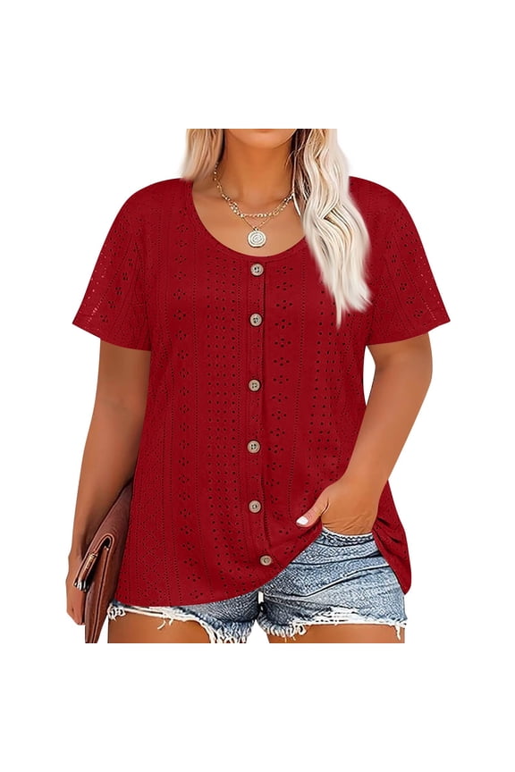 Plus Size Tops for Women Summer Casual Henley Tunic Crew Neck Short Sleeve Button up Basic Henley T-Shirt 4x-5x Trendy Tunics Red 2XL