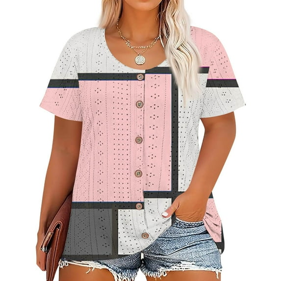 Resivox Plus Size Tshirts for Women Summer Plus Size Spring Tops Crew Neck Women Plus Sizes Short Sleeve Button up Blouse Floral Print Dressy Casual Tee Shirts 5x Women Plus Size Clothing Pink XL