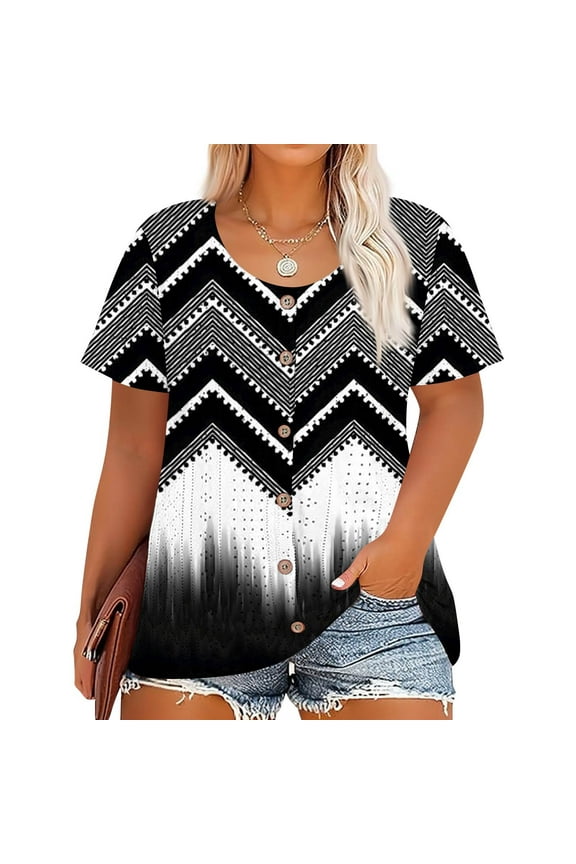 Plus Size Tunic Tops for Women 4x-5x Summer Short Sleeve Button up Blouses Floral Henley Tshirt Crew Neck Tunic Shirts Large Casual Outfits for Women Black 3XL