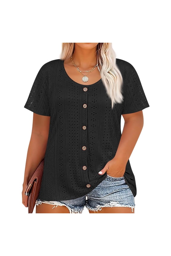 Plus Size Tunic Tops for Women 4x-5x Women's Plus Size Tunic Tops Crew Neck Womens Plus Tops Short Sleeve Button up Basic Dressy Casual Tunics Loose Fit Summer Outfits Black 4XL