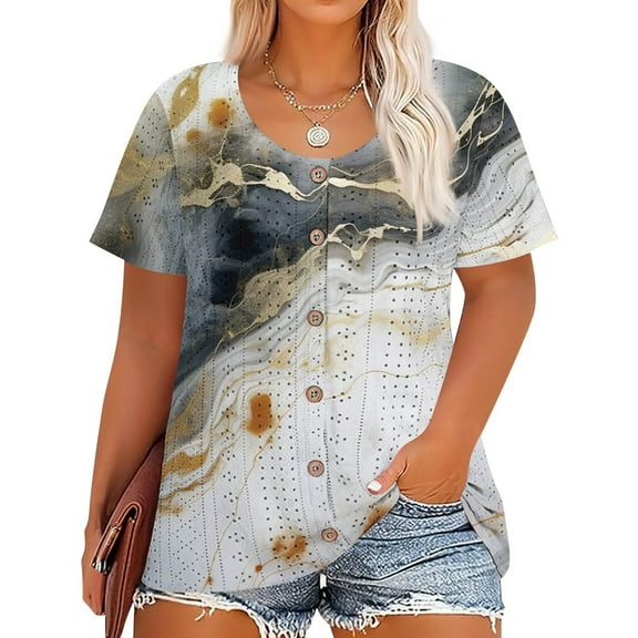 Resivox Plus Size Womens Tops Dressy Summer Crew Neck Tunic Shirts Floral Henley T-Shirt Short Sleeve Button up Tunics Shirts Loose Casual Summer Clothes Gray 4XL