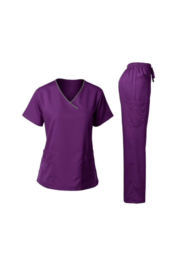 Scrub Sets for Woman Plus Size Nursing Top Stretchy V Neck Yoga Scrub Pants and Tops Medical Uniforms Scrubs Uniformes De Enfermeras De Mujer Dark Purple XL
