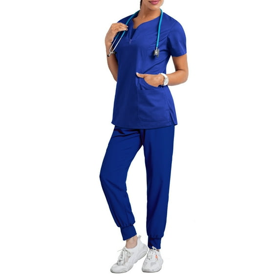 Resivox Scrubs for Women Set Plus Size Medical Scrub Sets Stretchy V-Neck Yoga Scrub Pants and Tops Nursing Top Scrubs with Pockets Royal Blue S