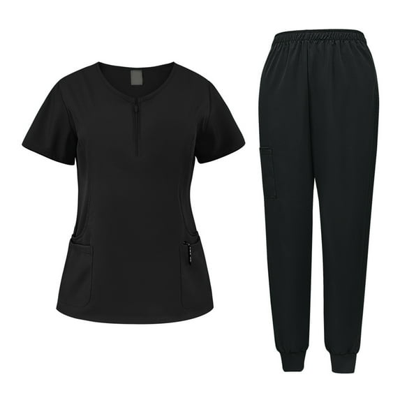 Resivox Scrubs for Women Set Plus Size Nurse Uniforms Petite V Neck Yoga Scrub Pants and Tops Scrub Joggers Medical Uniforms with Pockets Black 2XL
