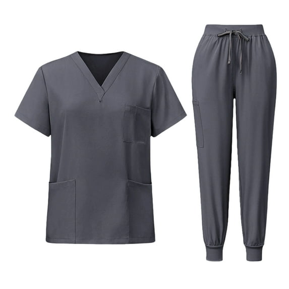 Resivox Scrubs for Women Set Plus Size Scrubs Stretchy V Neck Yoga Scrub Pants and Tops Nursing Scrubs Medical Scrub Sets with Pockets Gray 2XL