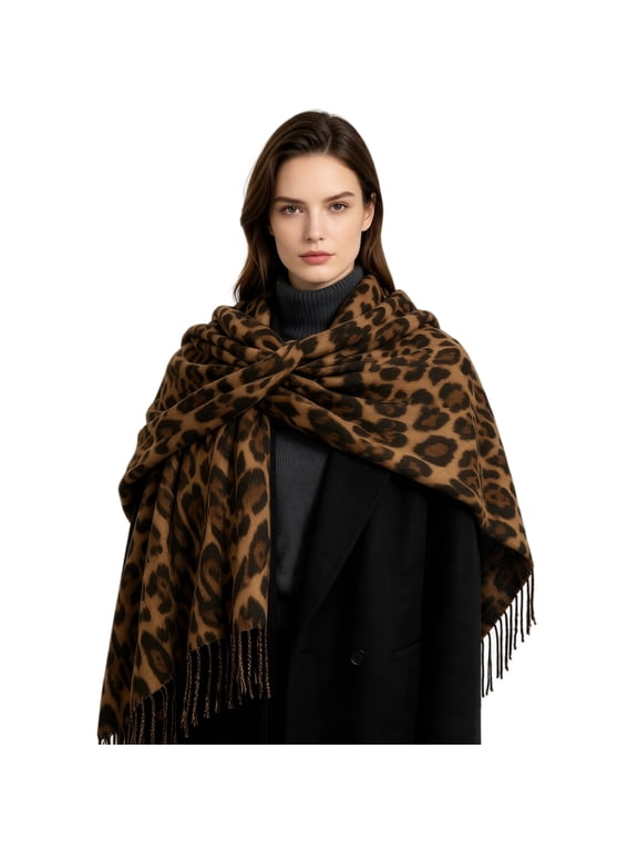 Vintage Leopard Print Faux Wool Scarf 70×200cm Thick Tassel Shawl Wrap Soft Warm Fashion Neck Scarves For Women Fall Winter