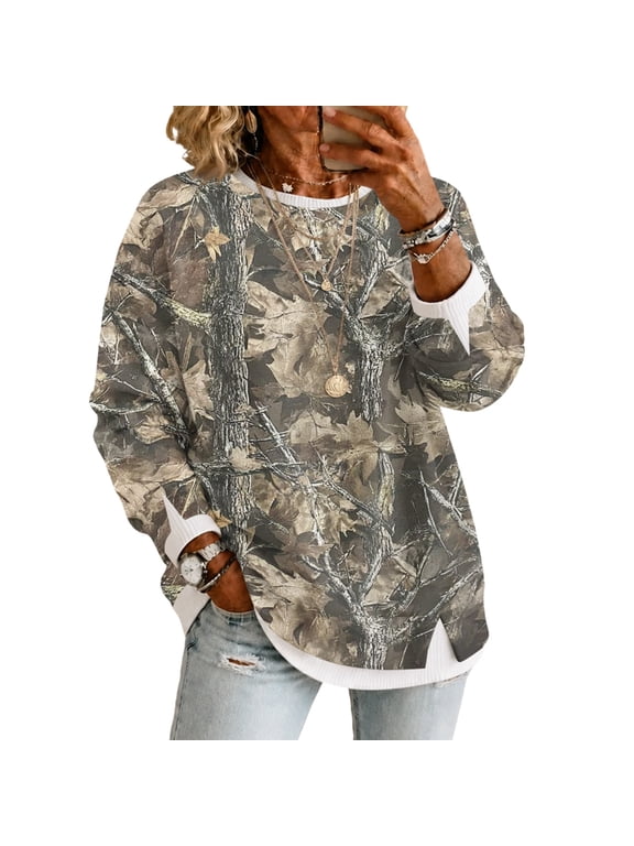 Winter Snow Tree Camo Print Women Fake Two Piece Sweatshirt Crew Neck Long Sleeve Side Slit Hem Loose Tunic Top Casual Pullover Blouse for Women Outdoor Brown L