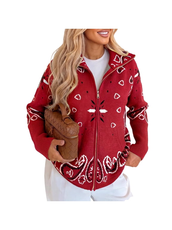 Women Paisley Bandana Print Zip Up Collared Knit Cardigan, Long Sleeve Loose Fit Sweater Jacket with Front Pockets Red M