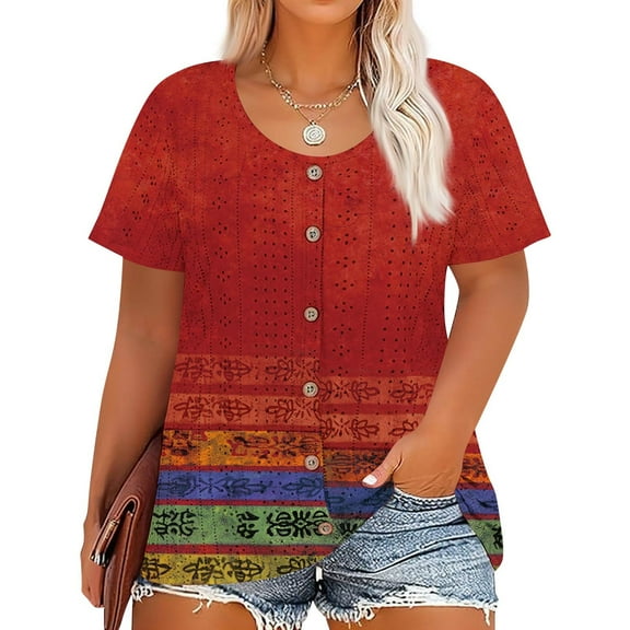 Resivox Women Plus Size Tops 4x-5x Trendy Crew Neck Tshirts Floral Print T-Shirt Short Sleeve Button up Tunic Tops Dressy Casual Blouses Red 3XL