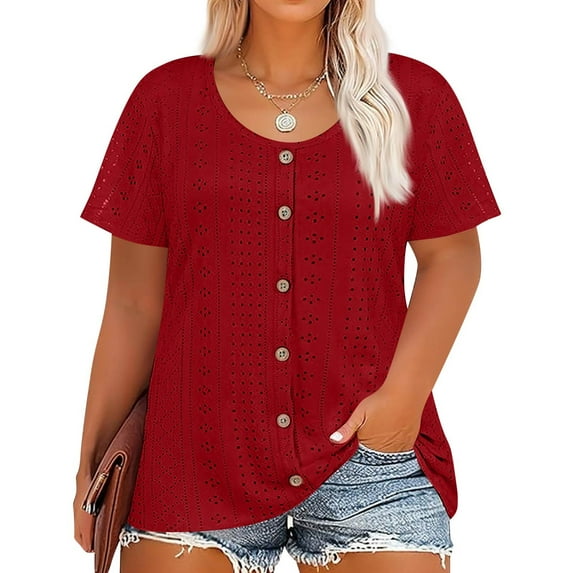 Resivox Women Plus Size Tops Dressy Summer Short Sleeve Button up Tops Basic Henley Tshirt Crew Neck Henley T Shirts Loose Fit Casual Tunic Tops Red 4XL