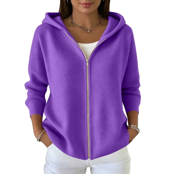 Resivox Women Solid Color Full Zip Up Hooded Knit Cardigan Long Sleeve ...