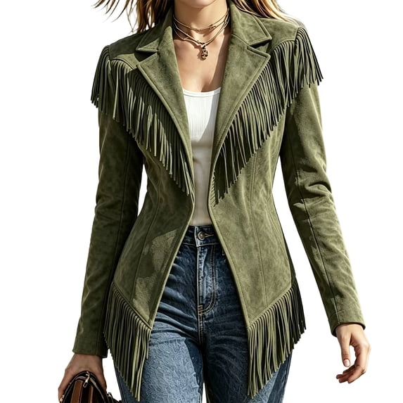 Resivox Women Western Style Fringe Jacket Lapel Open Front Long Sleeve ...