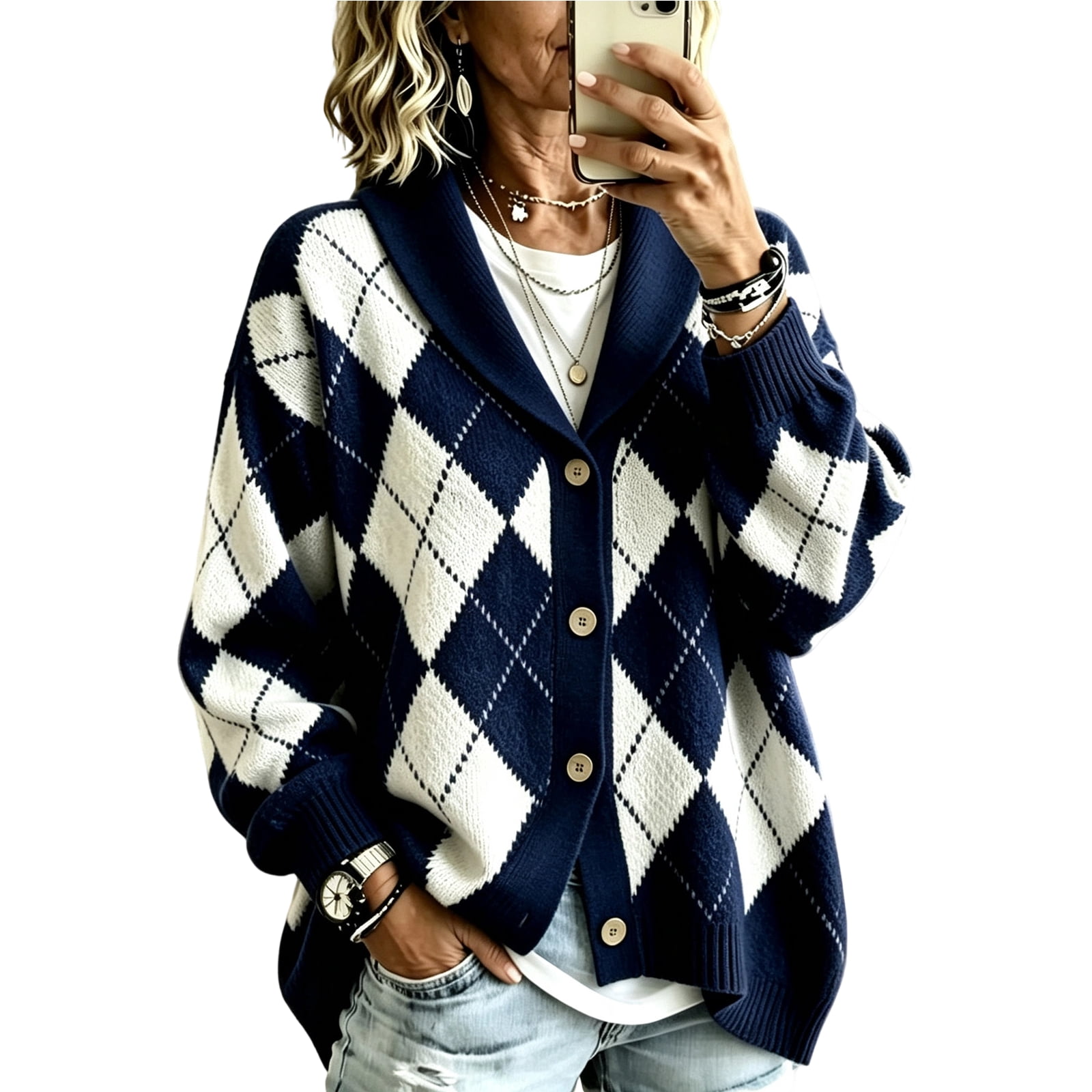 Resivox Women's Argyle Diamond Pattern Shawl Collar Knit Cardigan Loose ...