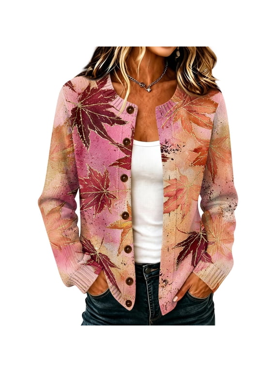 Women's Fall Maple Leaf Print Cardigan Crew Neck Button Down Long Sleeve Knit Jacket Casual Outerwear with Side Pockets Multicolor 2XL