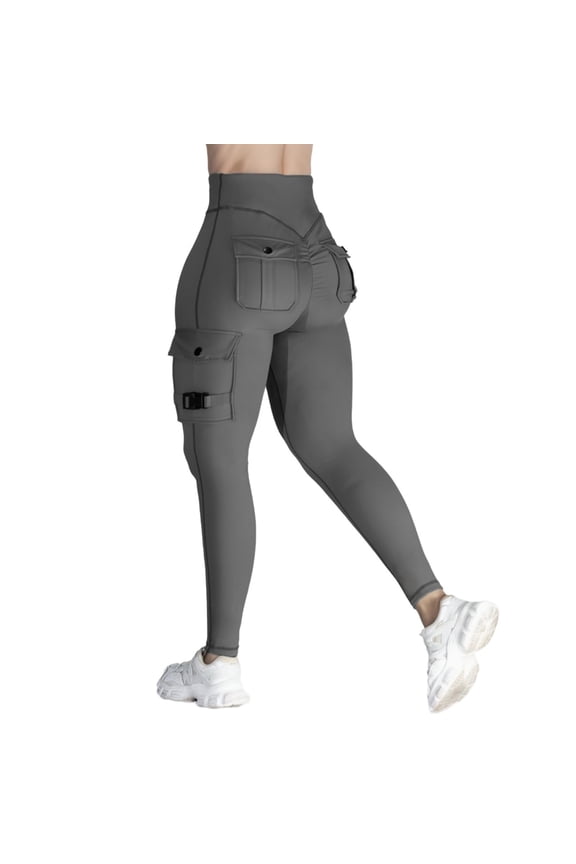 Women's High Waisted Butt-Lifting Yoga Pants - Elastic Cargo Leggings with Side Pockets, Slimming Tummy Control & Contoured Seams for Enhanced Curves, Ideal for Workouts & Errands Gray XL