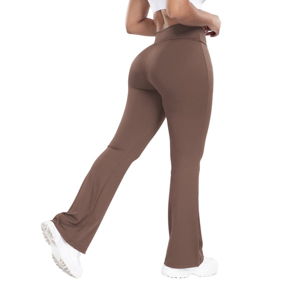Resivox Women's High Waisted Cross Waist Yoga Pants - Fashionable Design with Flared Legs, Stretchy Fabric for Outdoor Sports & Casual Wear, Slim-Fit Brown S