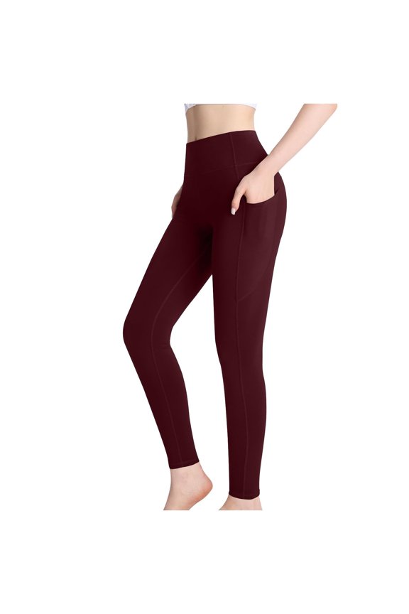 Women's High Waisted Fleece Lined Yoga Pants - Compression Tights with Pockets, Thermal Warm Fabric for Cold Weather Workouts, Tummy Control & Comfortable Fit Wine S